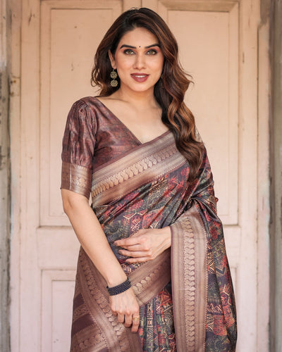 Rich Chocolate Banarasi Silk Saree with Geometric Print and Zari Border