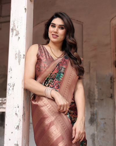 Multicolor Geometric Print Banarasi Silk Saree with Copper Zari Border