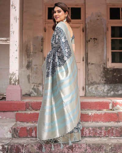 Sophisticated Floral Banarasi Silk Saree with Light Blue Zari Border