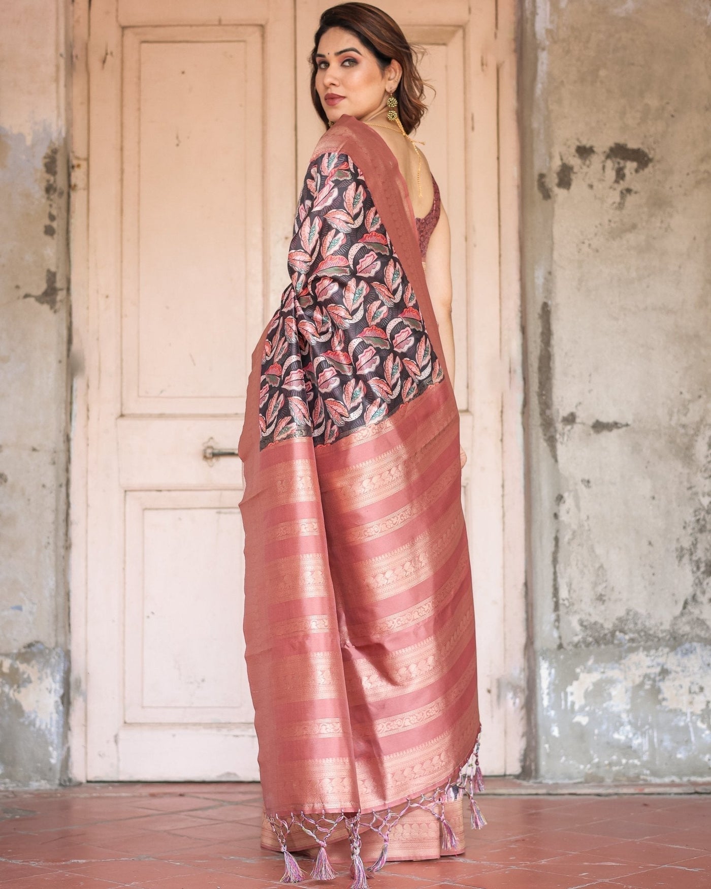 Black Banarasi Silk Saree with Bold Leaf Digital Print & Rosy Pink Zari Border