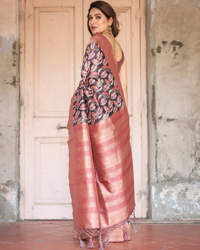 Black Banarasi Silk Saree with Bold Leaf Digital Print & Rosy Pink Zari Border