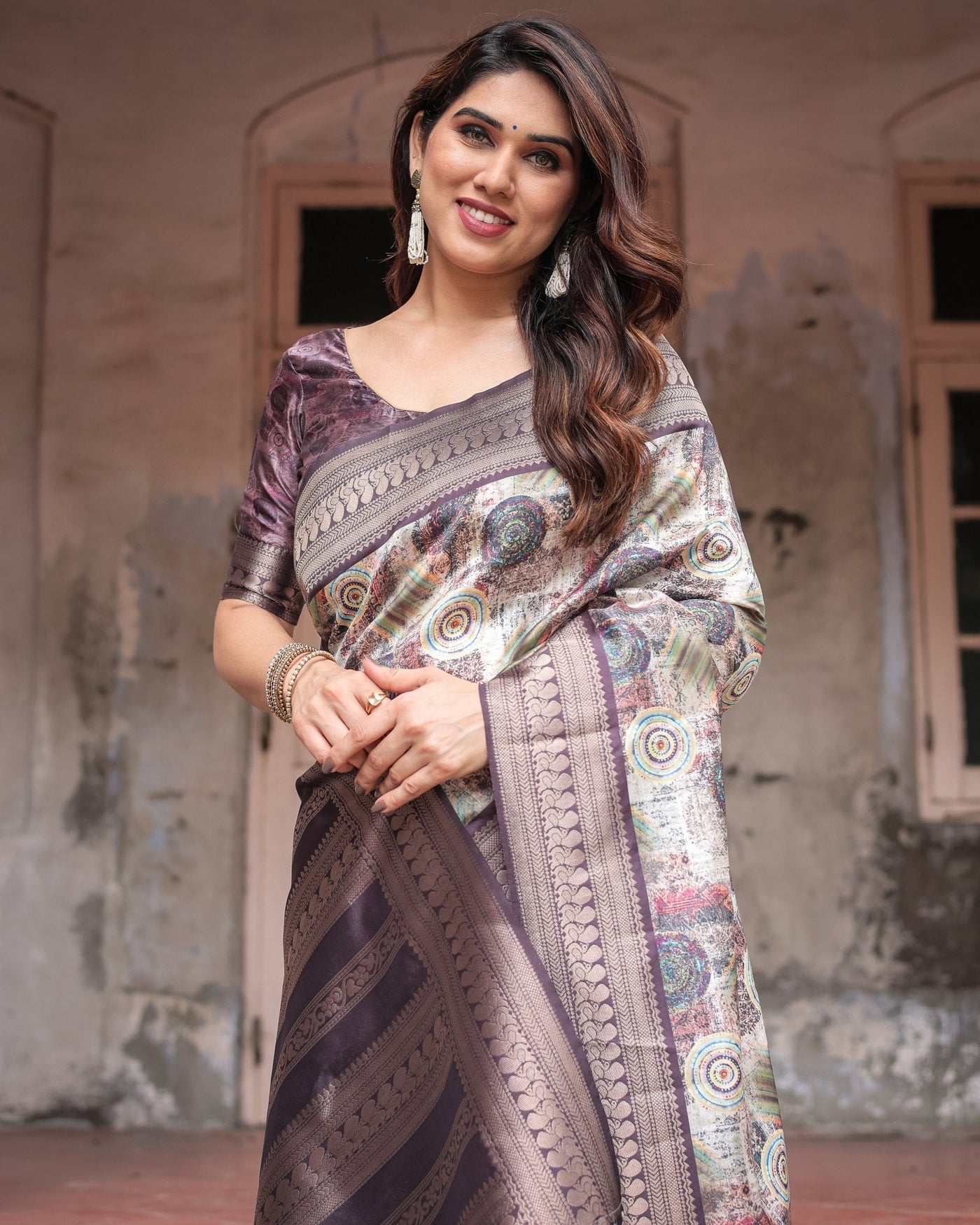 Regal Purple Banarasi Silk Saree with Digital Print and Ornate Border
