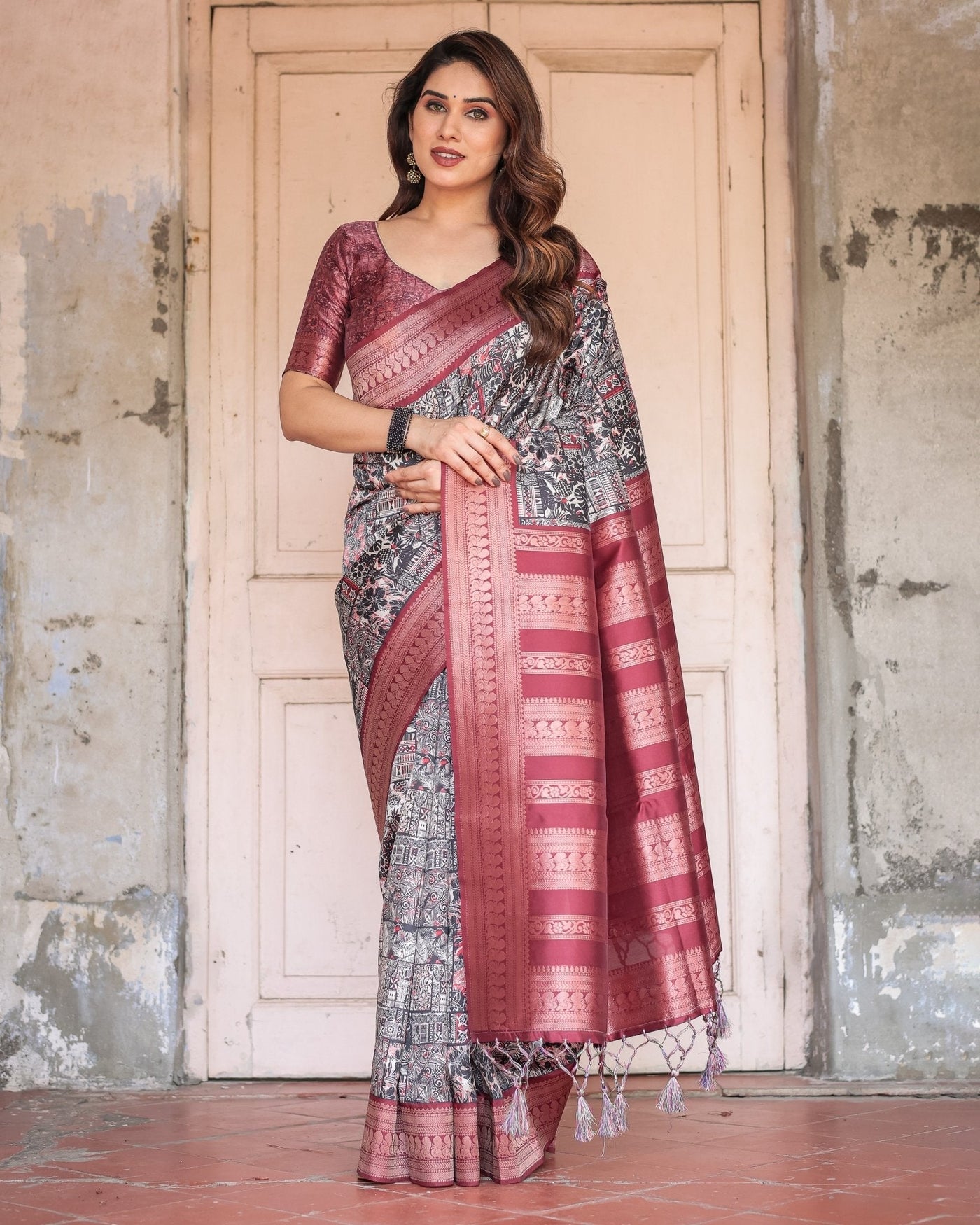 Black and Red Banarasi Silk Saree with Geometric Print and Rich Zari Border
