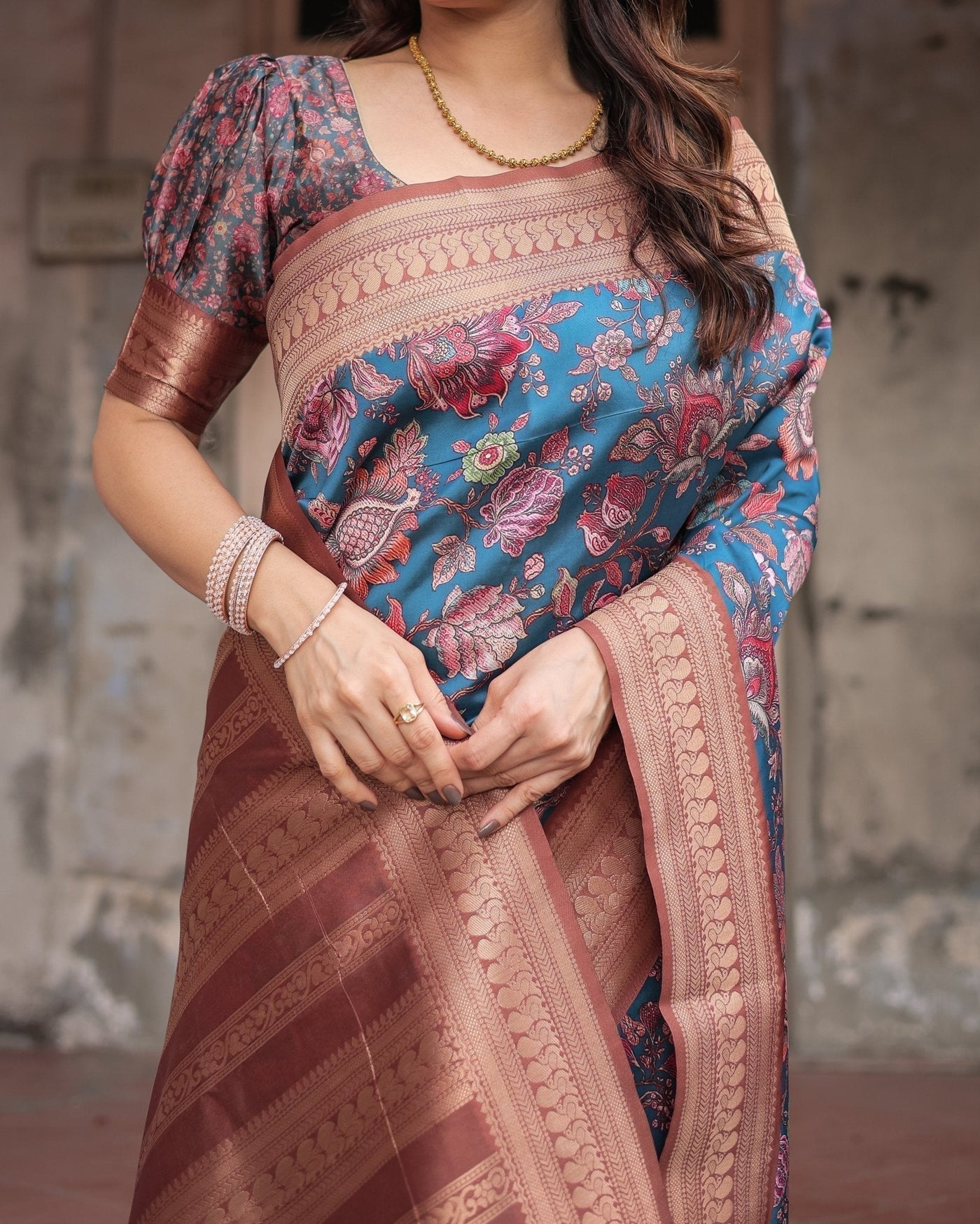 Teal Banarasi Silk Saree with Rust Zari Border and Floral Motifs