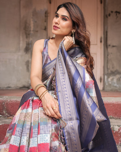 Multicolor Banarasi Silk Saree with Abstract Checkered Print & Lavender Zari Border