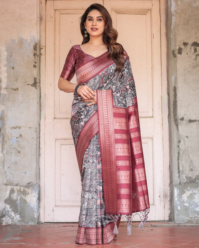 Black and Red Banarasi Silk Saree with Geometric Print and Rich Zari Border