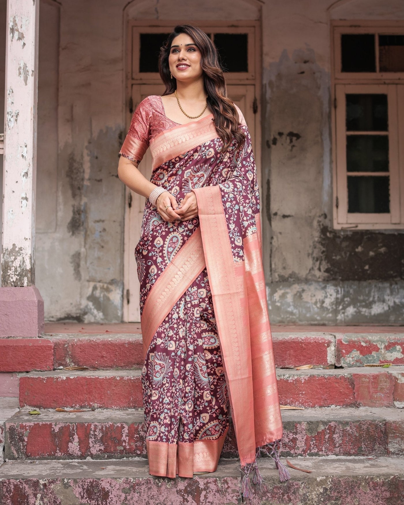 Maroon Banarasi Silk Saree with Peach Zari Border and Paisley Motifs
