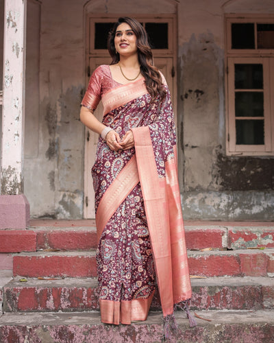 Maroon Banarasi Silk Saree with Peach Zari Border and Paisley Motifs