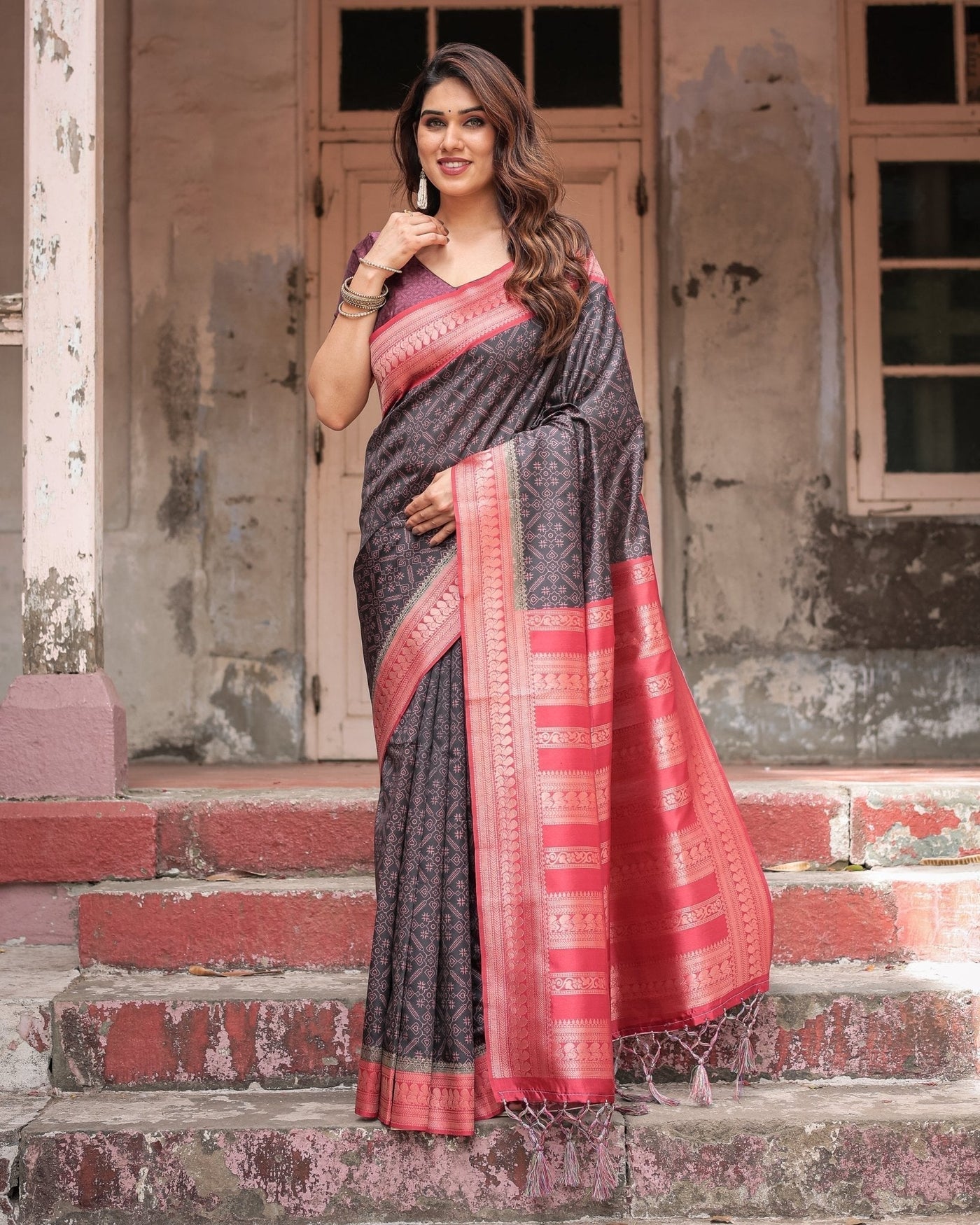 Black Banarasi Silk Saree with Intricate Pink Zari Border & Traditional Motifs