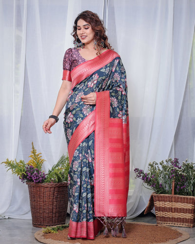 Regal Navy Blue and Pink Floral Banarasi Silk Saree with Tassels