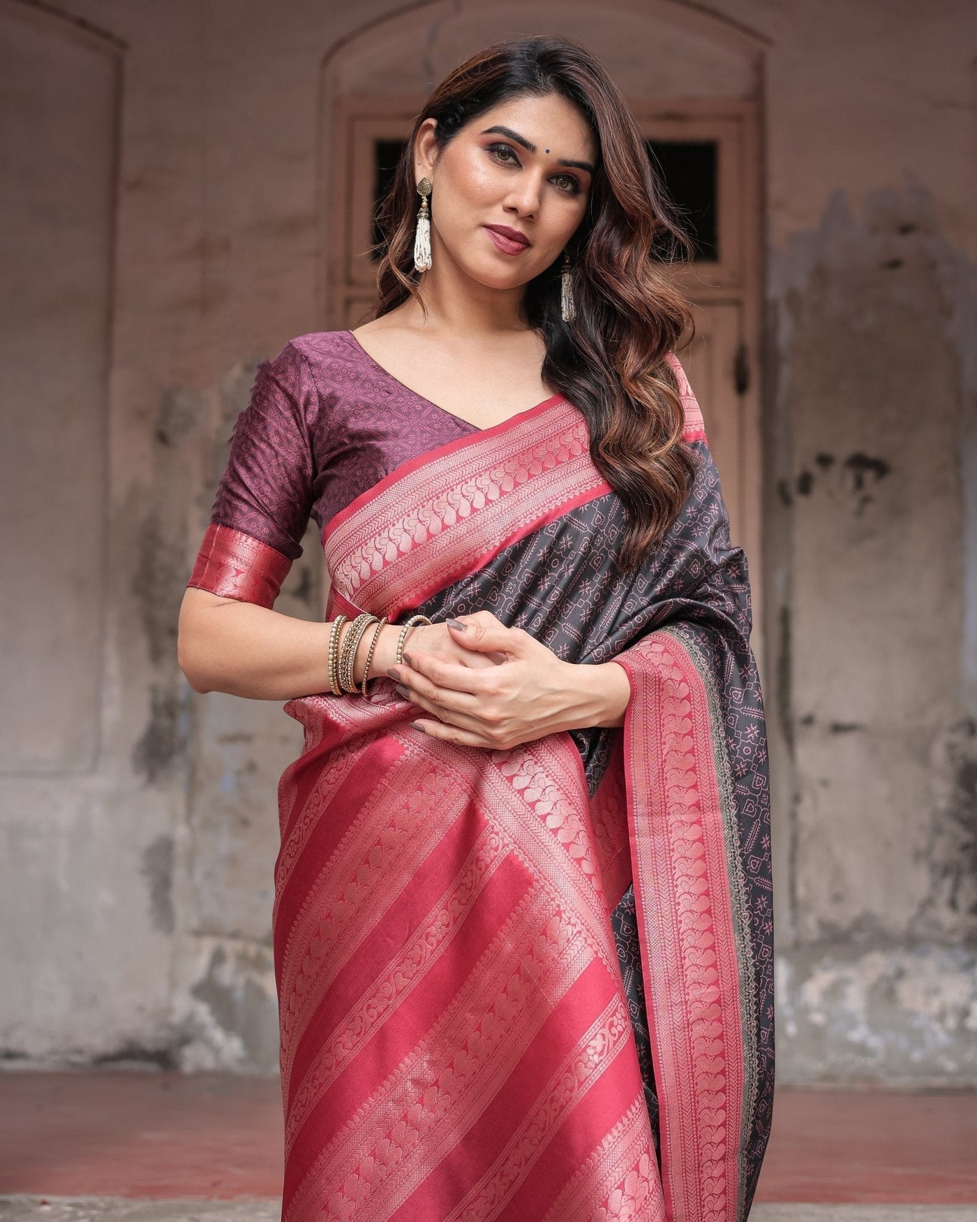 Black Banarasi Silk Saree with Intricate Pink Zari Border & Traditional Motifs