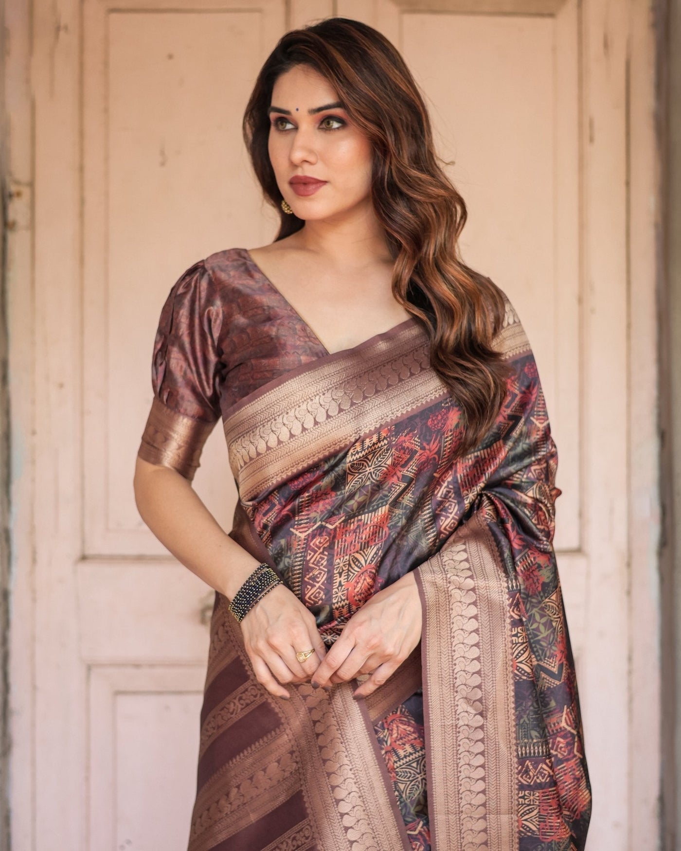 Rich Chocolate Banarasi Silk Saree with Geometric Print and Zari Border