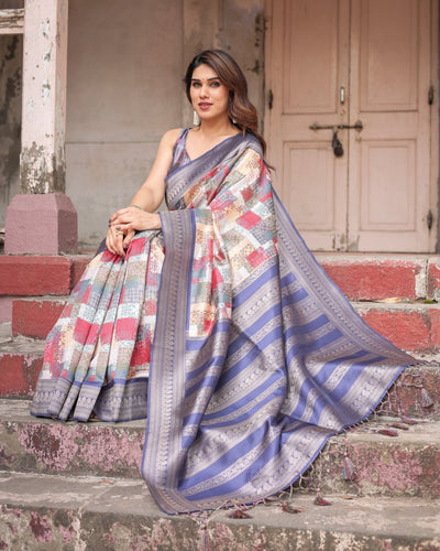 Multicolor Banarasi Silk Saree with Abstract Checkered Print & Lavender Zari Border