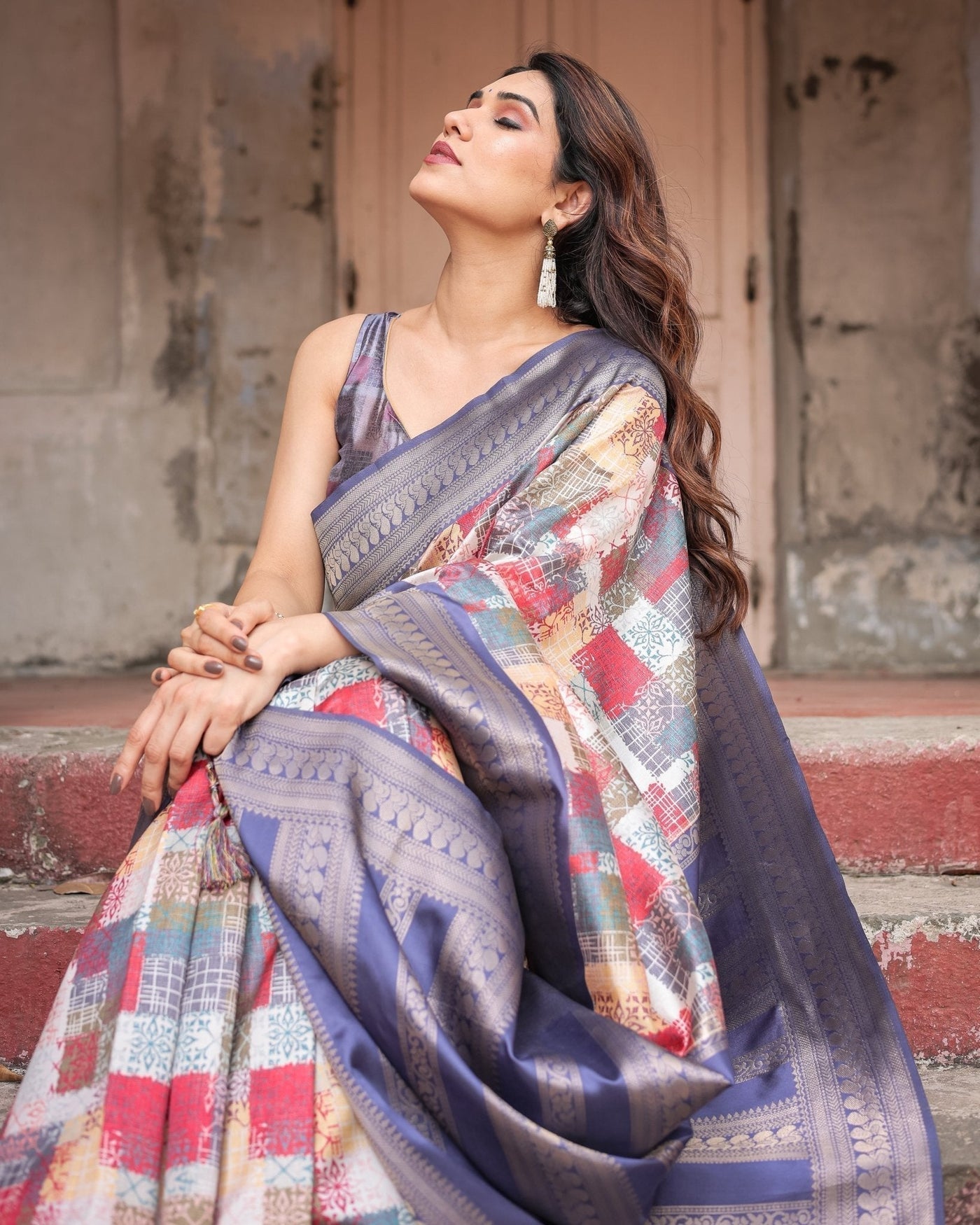 Multicolor Banarasi Silk Saree with Abstract Checkered Print & Lavender Zari Border