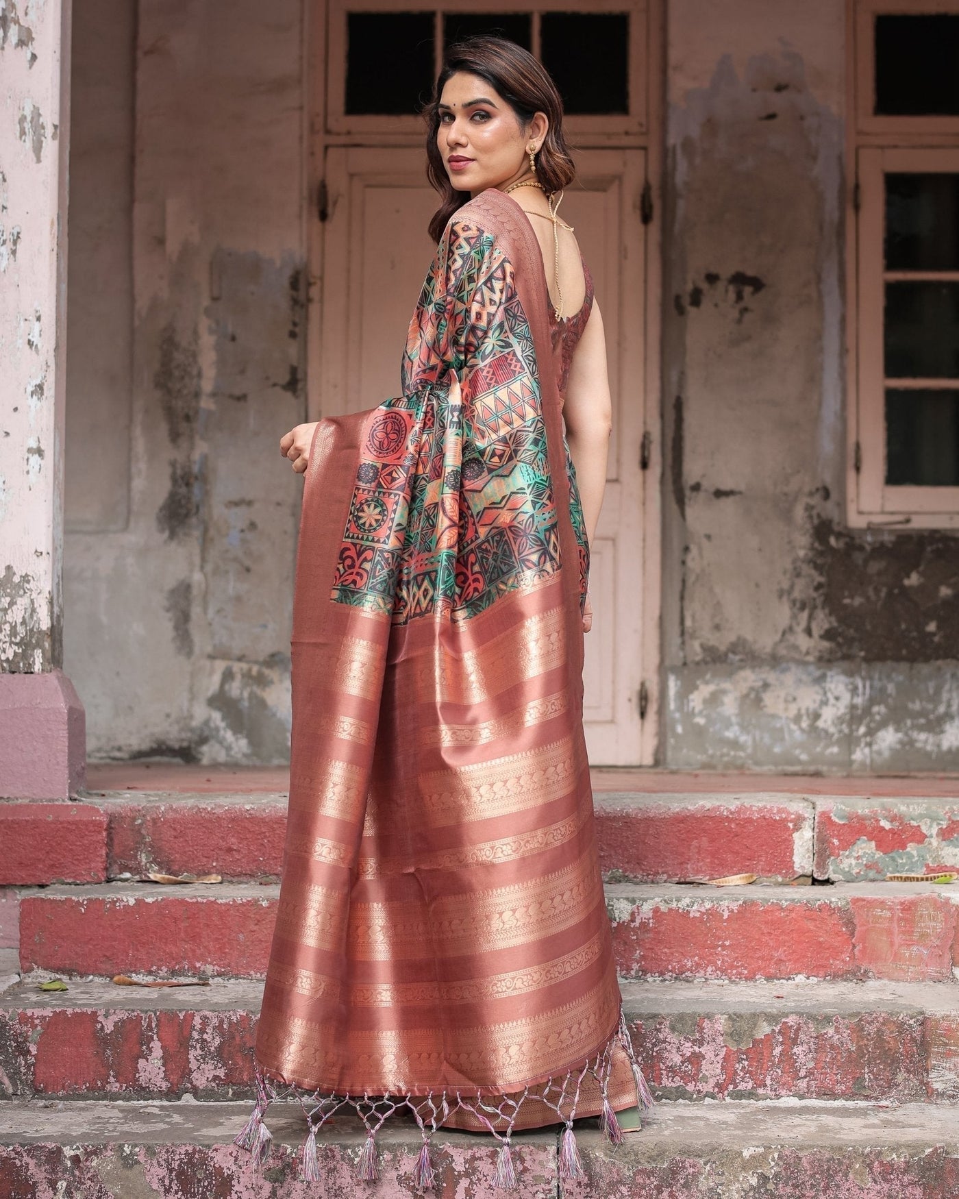 Multicolor Geometric Print Banarasi Silk Saree with Copper Zari Border