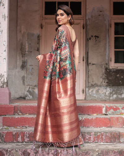 Multicolor Geometric Print Banarasi Silk Saree with Copper Zari Border