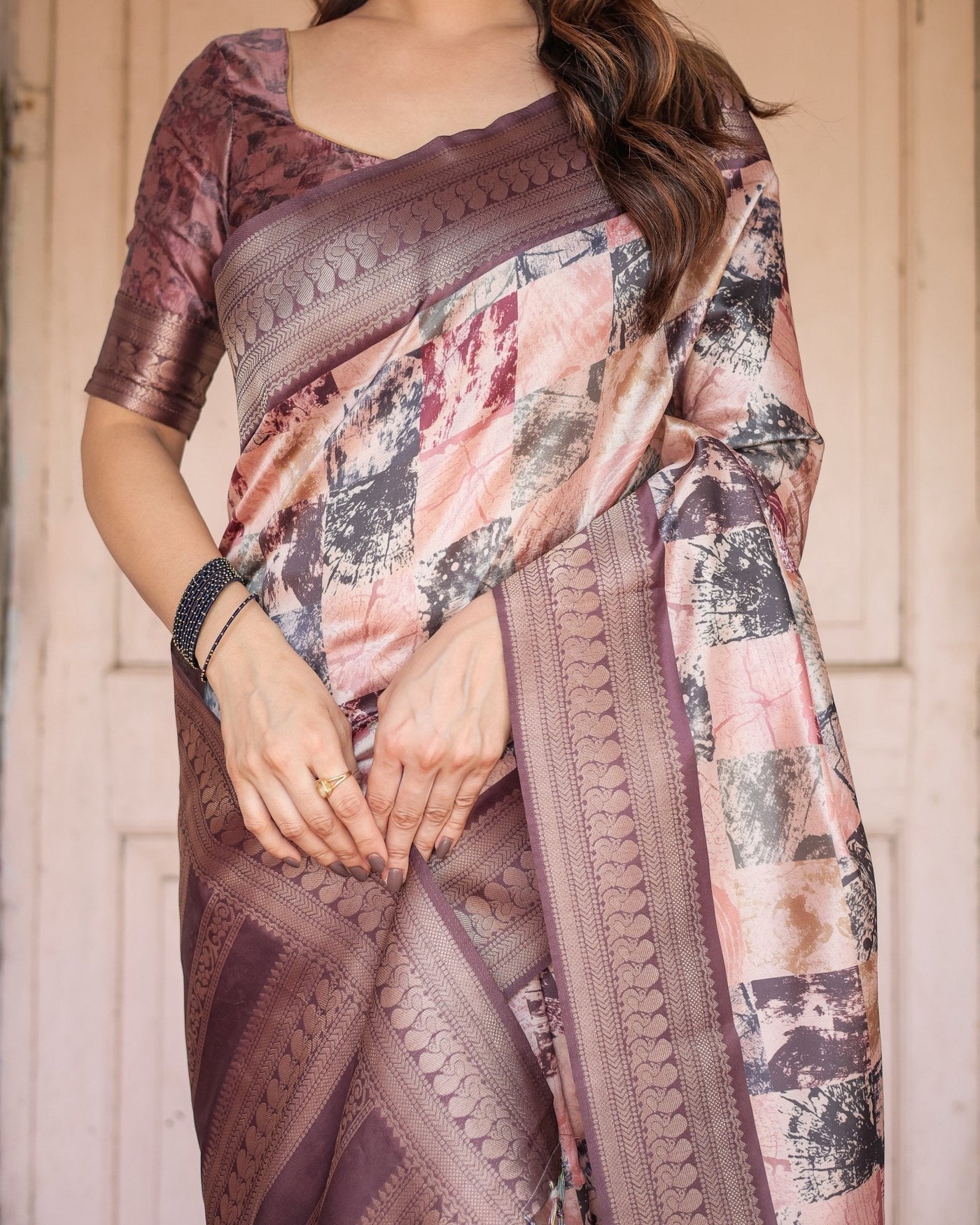 Mauve Banarasi Silk Saree with Abstract Checkered Digital Print & Zari Border