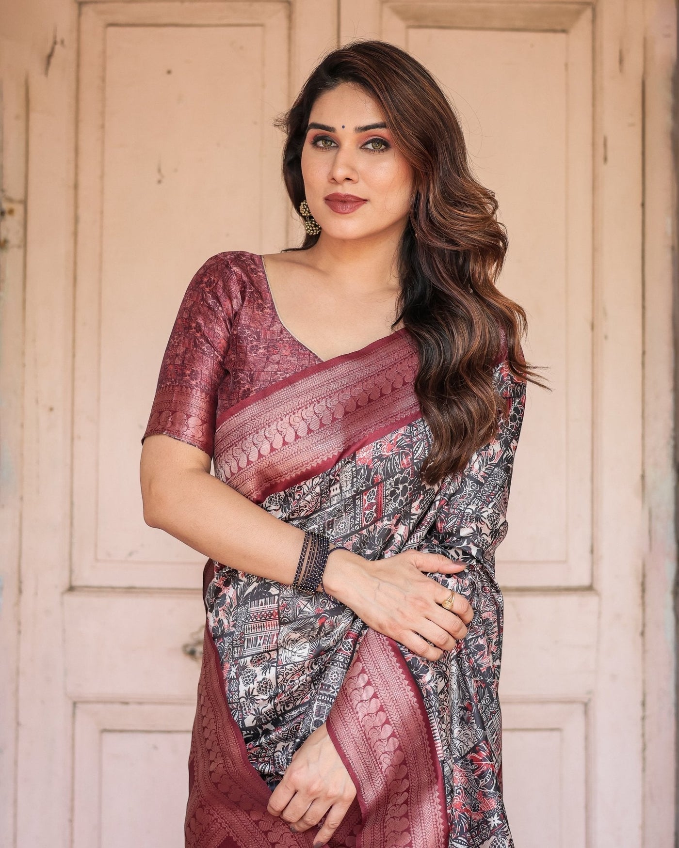 Black and Red Banarasi Silk Saree with Geometric Print and Rich Zari Border