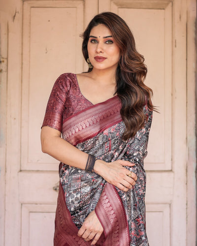 Black and Red Banarasi Silk Saree with Geometric Print and Rich Zari Border
