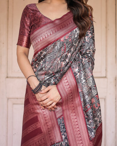 Black and Red Banarasi Silk Saree with Geometric Print and Rich Zari Border