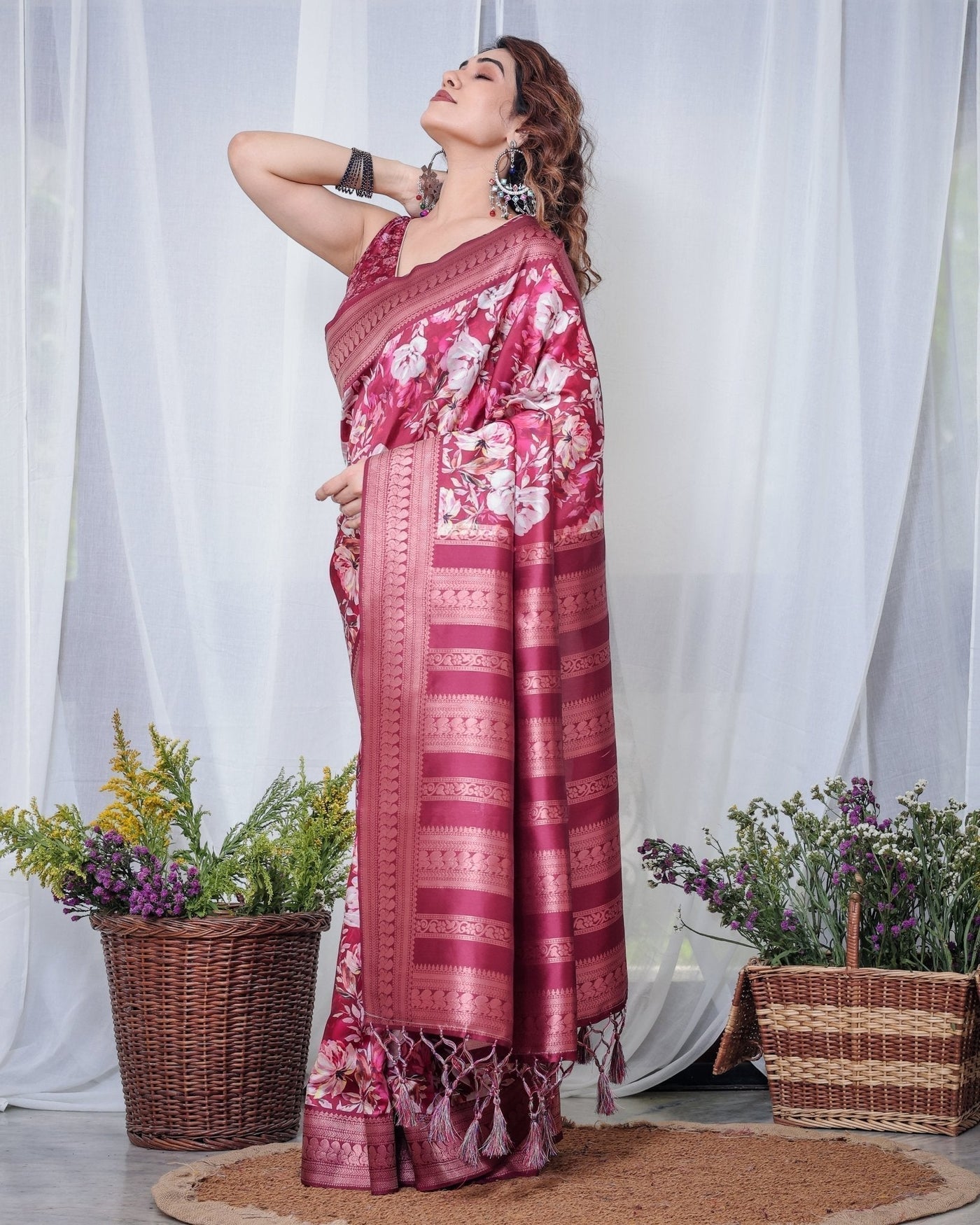 Graceful Maroon Floral Banarasi Silk Saree with Tassels