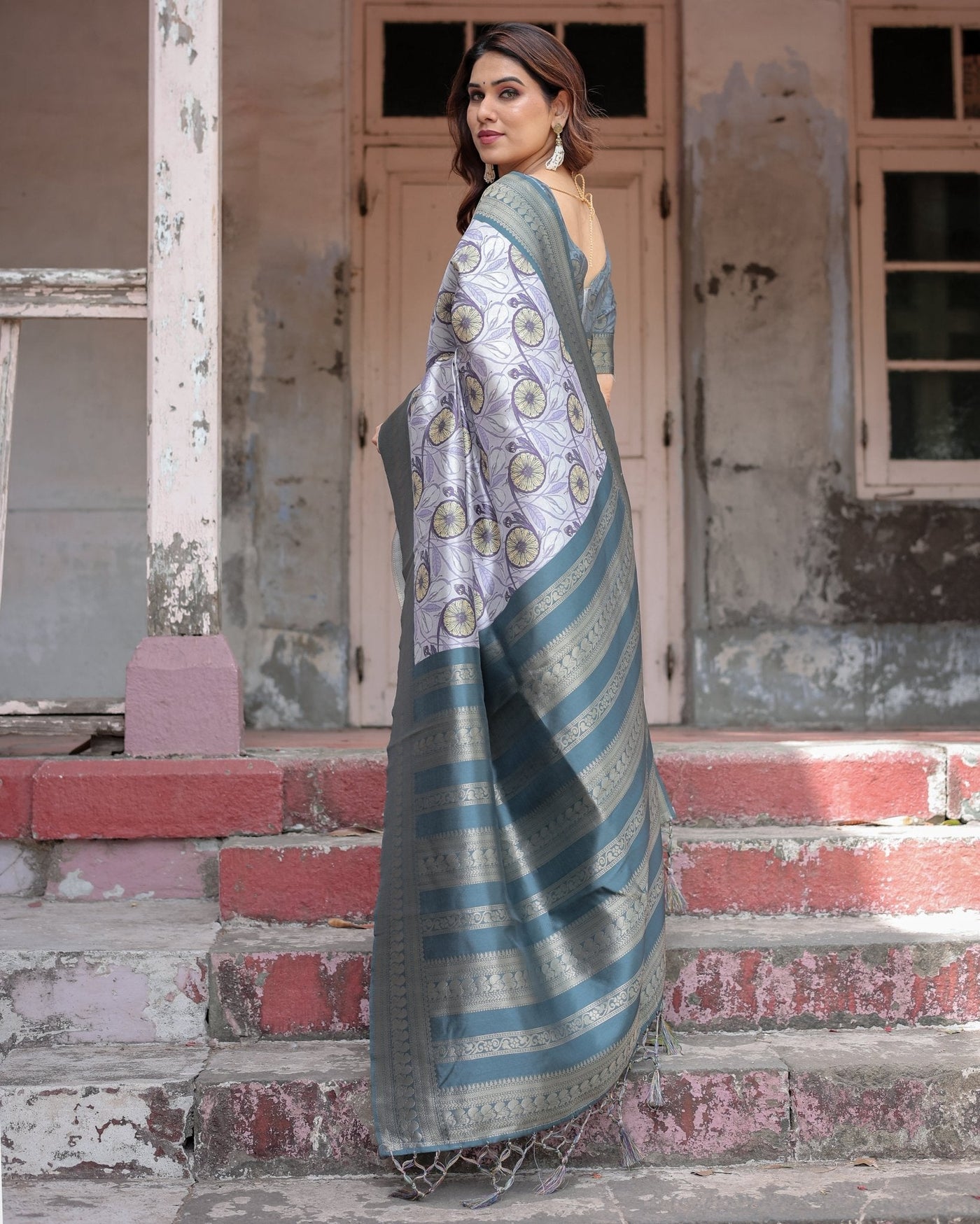 Sophisticated Lilac Banarasi Silk Saree with Floral Prints and Zari Tassel Border