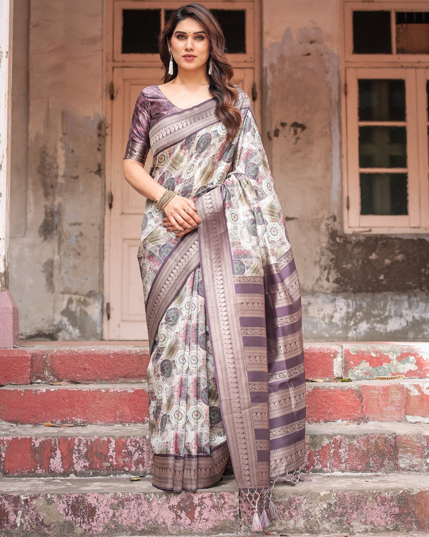 Regal Purple Banarasi Silk Saree with Digital Print and Ornate Border