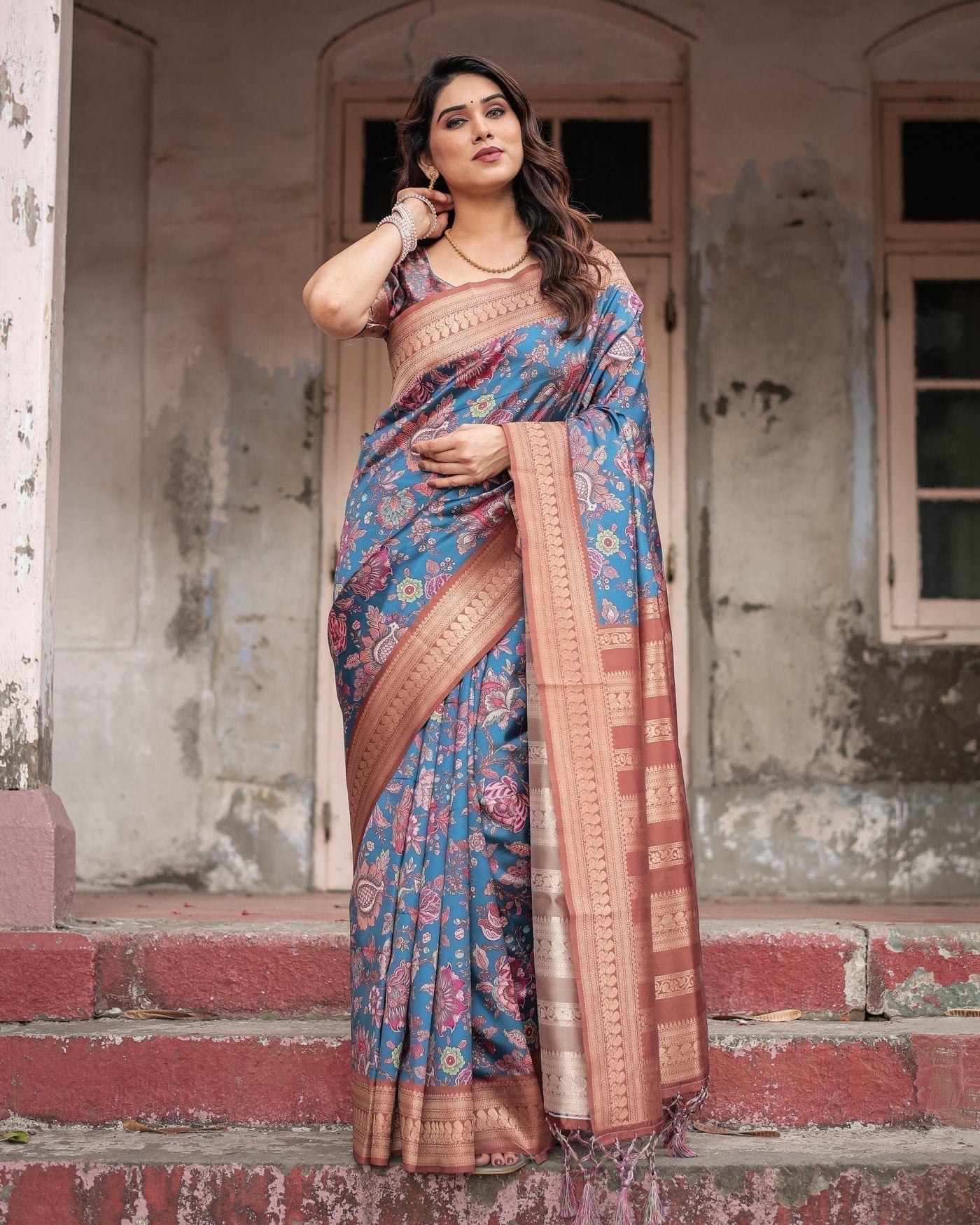 Teal Banarasi Silk Saree with Rust Zari Border and Floral Motifs