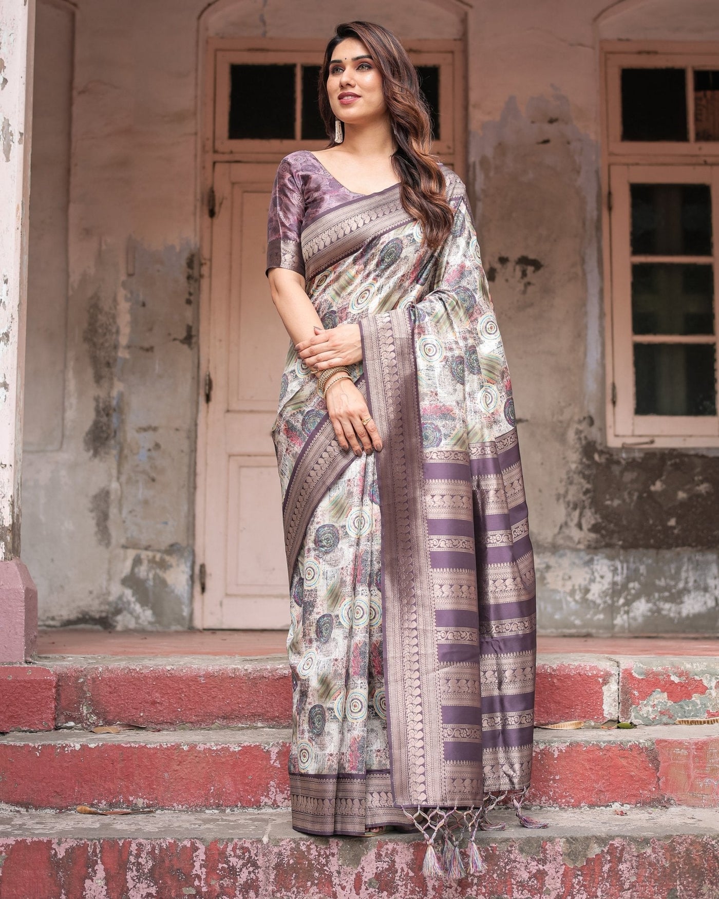 Regal Purple Banarasi Silk Saree with Digital Print and Ornate Border
