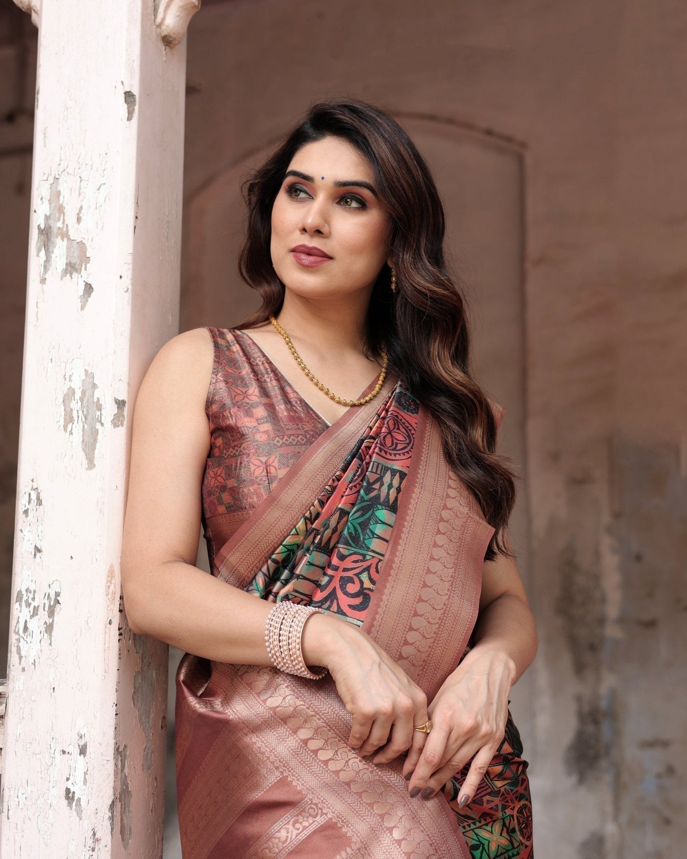 Multicolor Geometric Print Banarasi Silk Saree with Copper Zari Border