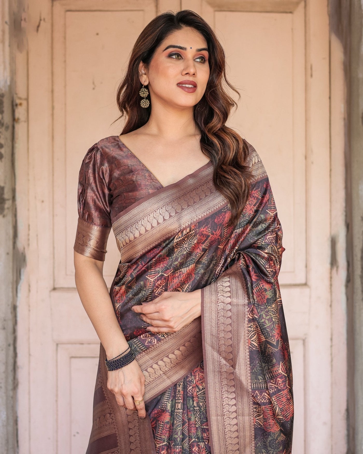 Rich Chocolate Banarasi Silk Saree with Geometric Print and Zari Border