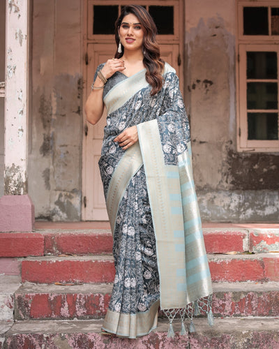 Sophisticated Floral Banarasi Silk Saree with Light Blue Zari Border