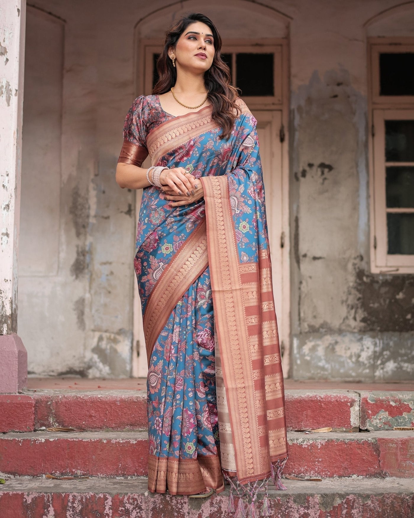 Teal Banarasi Silk Saree with Rust Zari Border and Floral Motifs