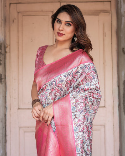 Pink Banarasi Silk Saree with Vibrant Floral Digital Print & Elegant Zari Border