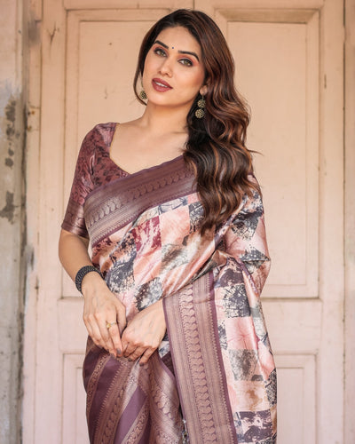 Mauve Banarasi Silk Saree with Abstract Checkered Digital Print & Zari Border