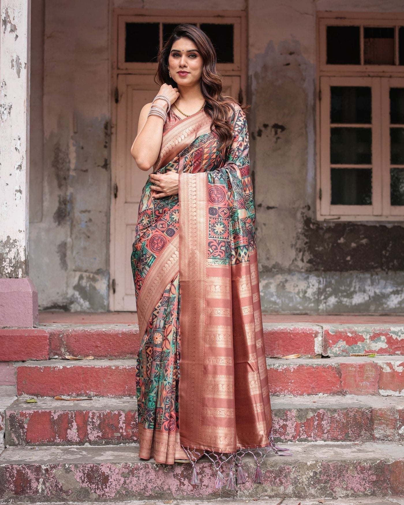 Multicolor Geometric Print Banarasi Silk Saree with Copper Zari Border