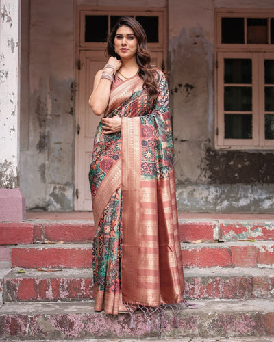 Multicolor Geometric Print Banarasi Silk Saree with Copper Zari Border