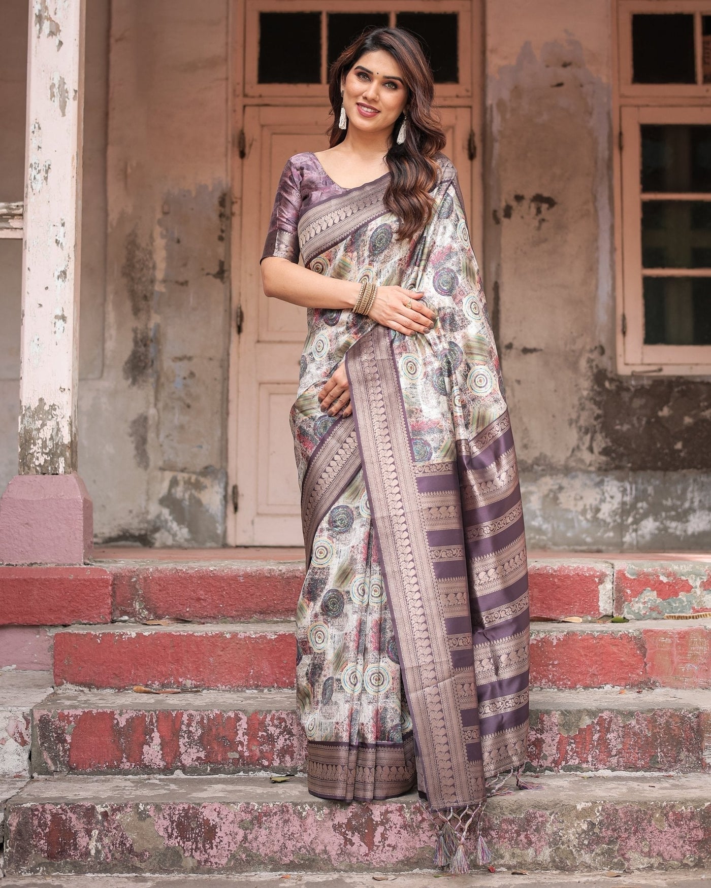 Regal Purple Banarasi Silk Saree with Digital Print and Ornate Border