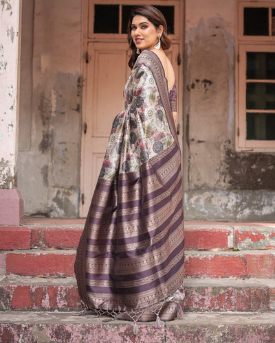 Regal Purple Banarasi Silk Saree with Digital Print and Ornate Border