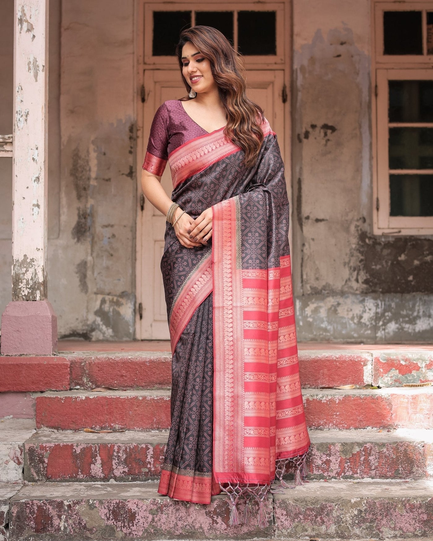 Black Banarasi Silk Saree with Intricate Pink Zari Border & Traditional Motifs