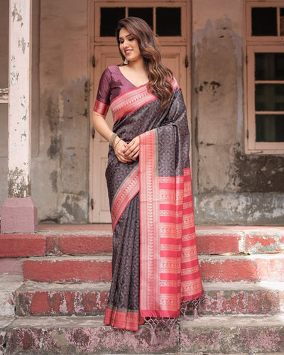 Black Banarasi Silk Saree with Intricate Pink Zari Border & Traditional Motifs