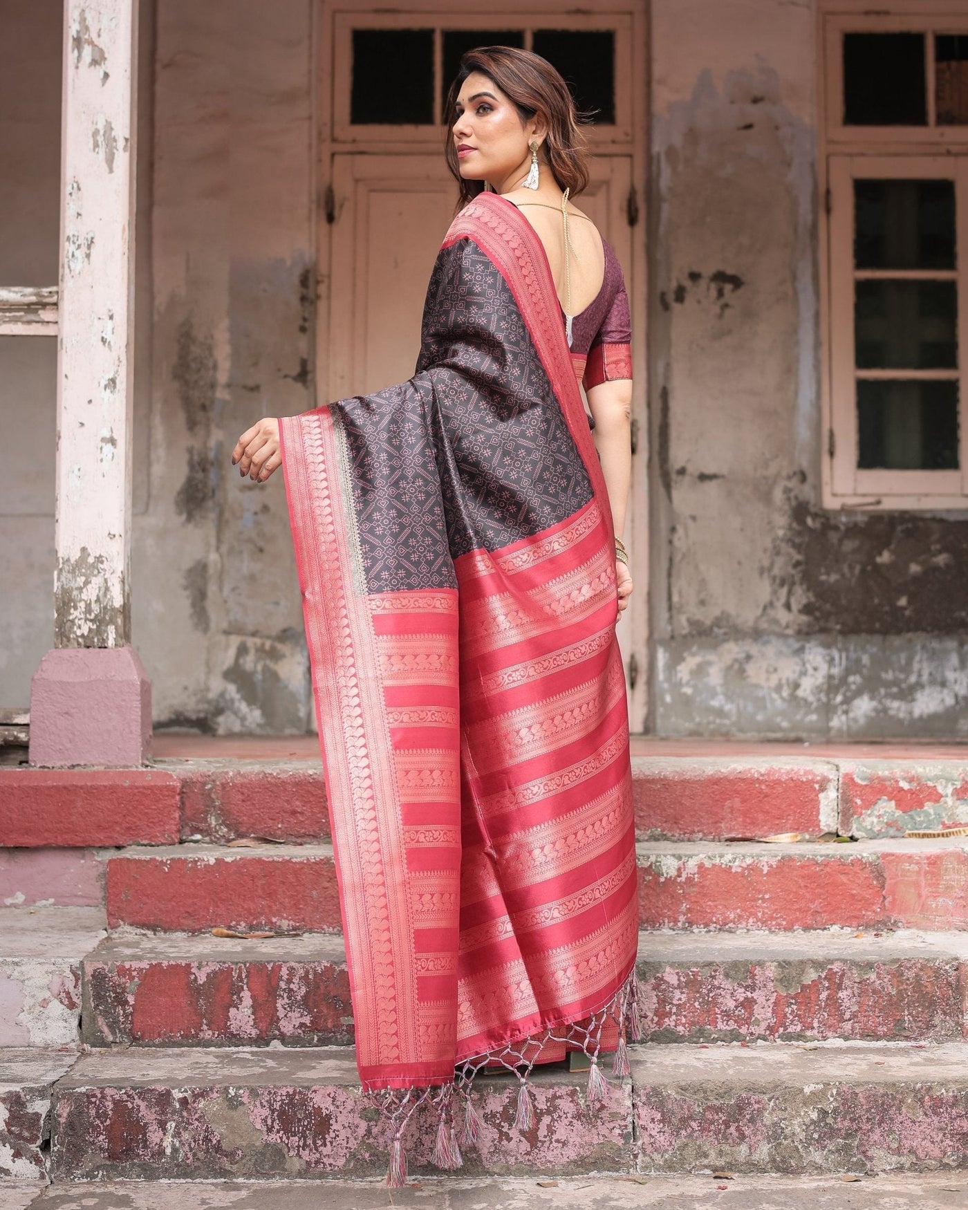 Black Banarasi Silk Saree with Intricate Pink Zari Border & Traditional Motifs