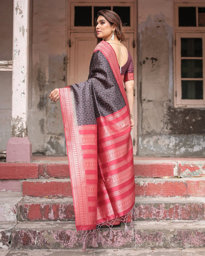 Black Banarasi Silk Saree with Intricate Pink Zari Border & Traditional Motifs