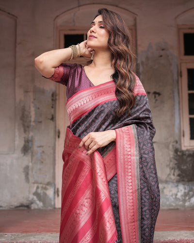 Black Banarasi Silk Saree with Intricate Pink Zari Border & Traditional Motifs