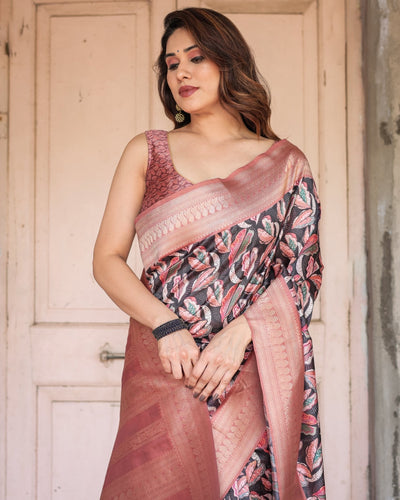 Black Banarasi Silk Saree with Bold Leaf Digital Print & Rosy Pink Zari Border