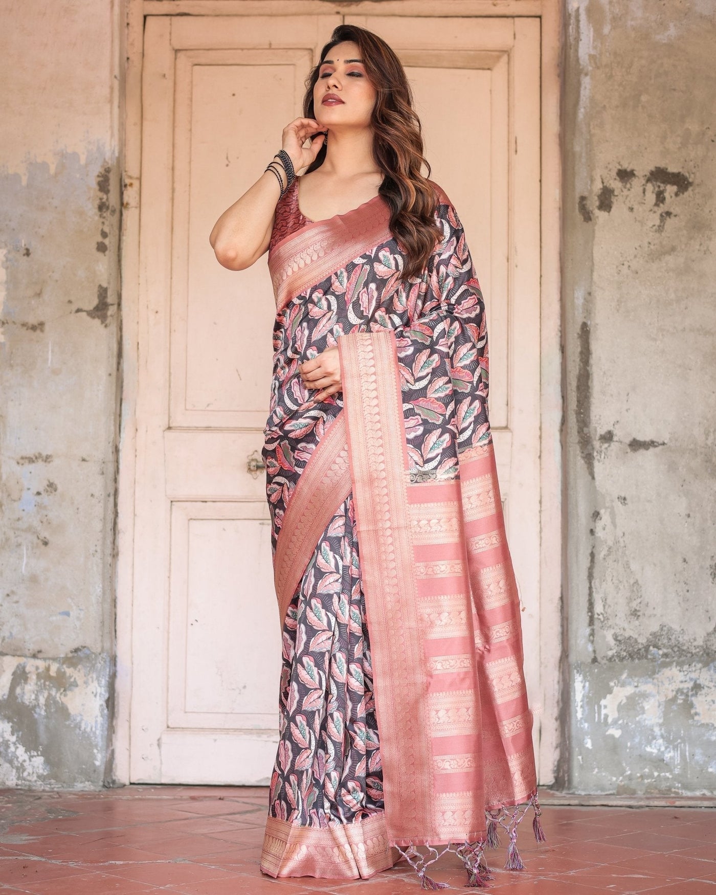Black Banarasi Silk Saree with Bold Leaf Digital Print & Rosy Pink Zari Border