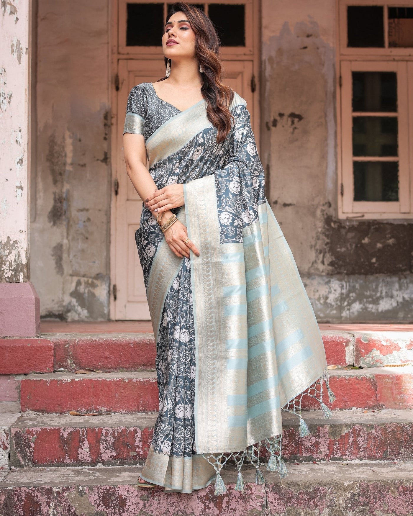 Sophisticated Floral Banarasi Silk Saree with Light Blue Zari Border