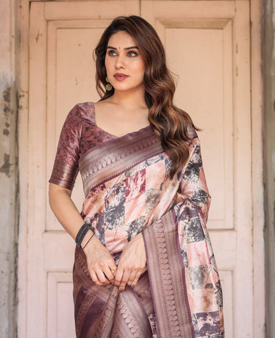 Mauve Banarasi Silk Saree with Abstract Checkered Digital Print & Zari Border