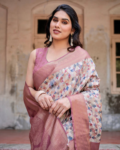 Beige and Pink Geometric Print Banarasi Silk Saree with Zari Weave and Tassel-Embellished Pallu