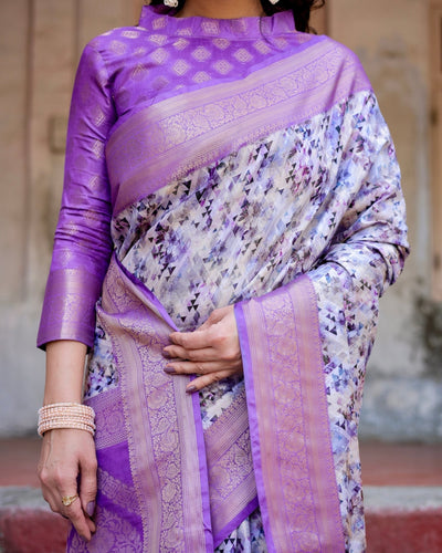 Lavender and White Geometric Floral Digital Print Banarasi Silk Saree with Zari Weave and Tassel-Embellished Pallu